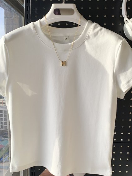 正肩短袖纯棉白色t恤夏季新款修身打底衫女百搭圆领短款百搭上衣
