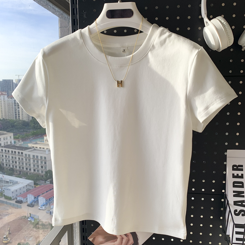 Right Shoulder Short-Sleeved Cotton White T-Shirt Summer New Slim-Fitting Bottoming Shirt for Women Versatile Round Neck Short Versatile Top