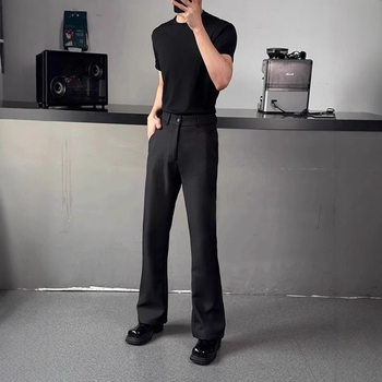 Black trousers, mid-waist, slim, slightly raised trousers, men's high-end casual straight trousers, versatile drape scimitars