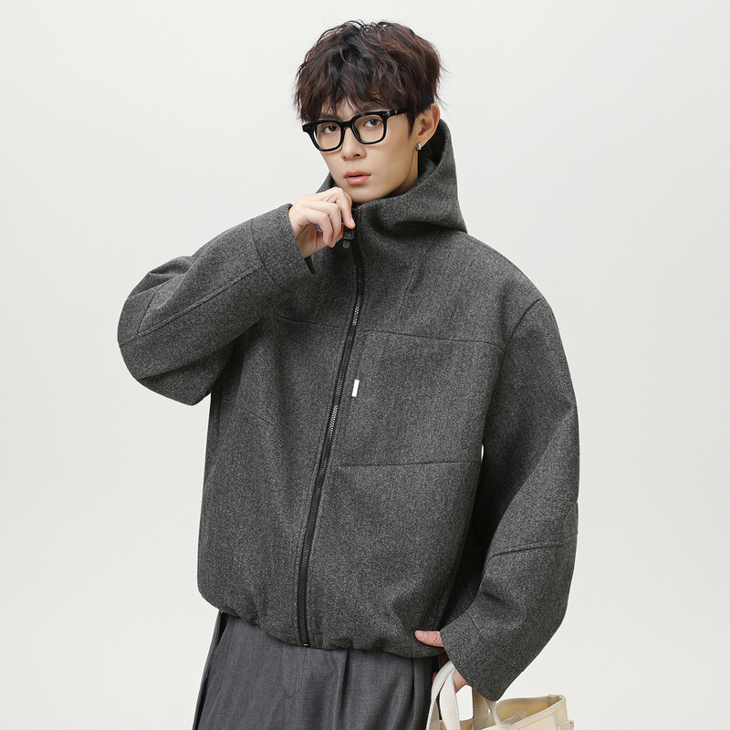 Textured Woolen Jacket with Split Structure, Autumn and Winter Style, Thickened and Warm, Trendy Brand Silhouette Cardigan, Hooded Sweatshirt Coat for Men Textured Woolen Jacket with Split Structure, Autumn and Winter Style, Thickened and Warm, Trendy Brand Silhouette Cardigan, Hooded Sweatshirt Coat for Men