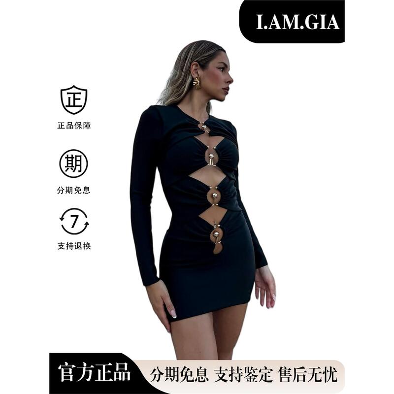 [Authentic in Stock] I.Am.Gia Sexy Hollow Out Metal Ring Buckle Bandage Long Sleeve Slim Fit Bodycon Dress