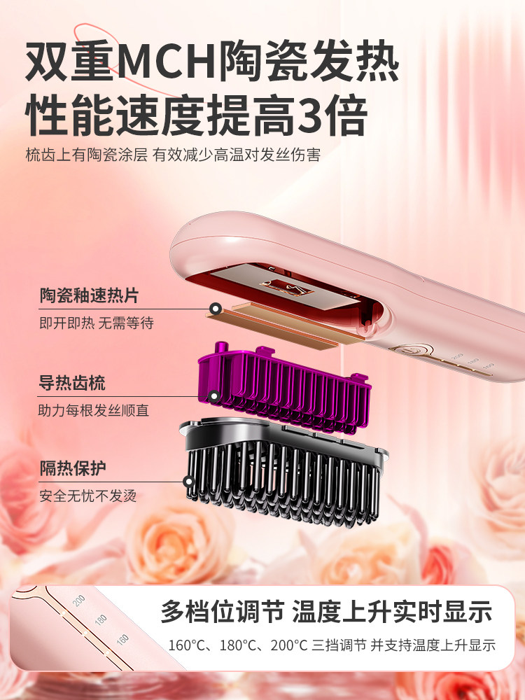 Wireless Negative Ion Hair Straightening Comb, Non-Damaging, Portable Hair Straightening Tool, Dual-Use for Straightening and Curling, Long-Lasting Styling, High Crown Bangs