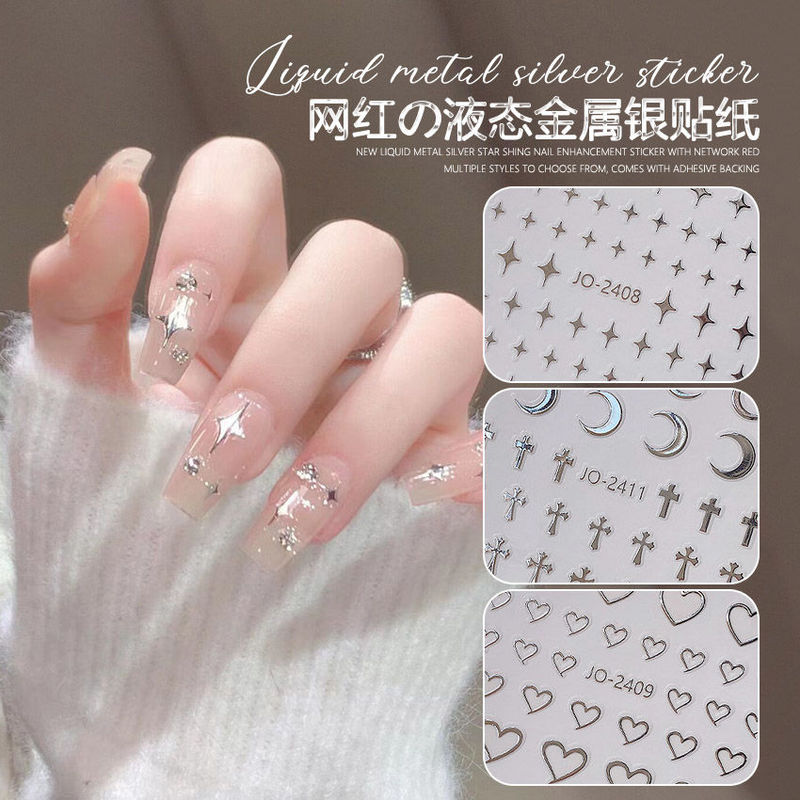 Trendy Hot-Selling Silver Foil Star Nail Stickers Heart Crescent Star Cross Adhesive Nail Decorations