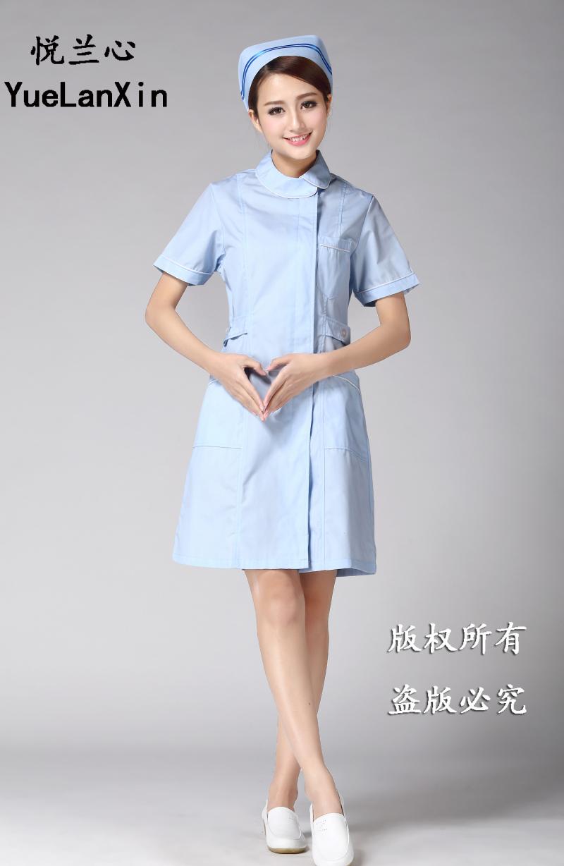Yuelan heart nurse clothes summer clothes short-sleeved blue beauty clothes pharmacy work clothes fabric