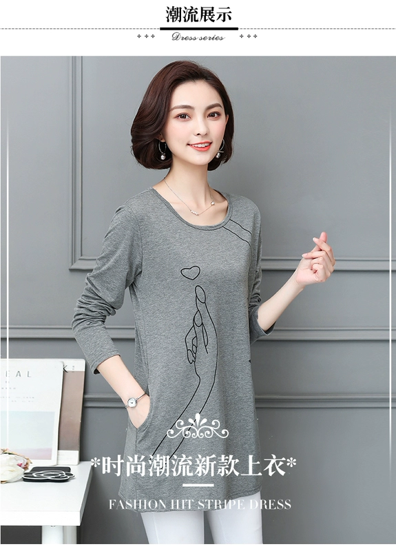 Áo sơ mi đẫm máu của mẹ cộng với phân bón XL Quần áo mùa thu của phụ nữ bên ngoài mặc áo sơ mi trung niên áo thun cotton dài tay