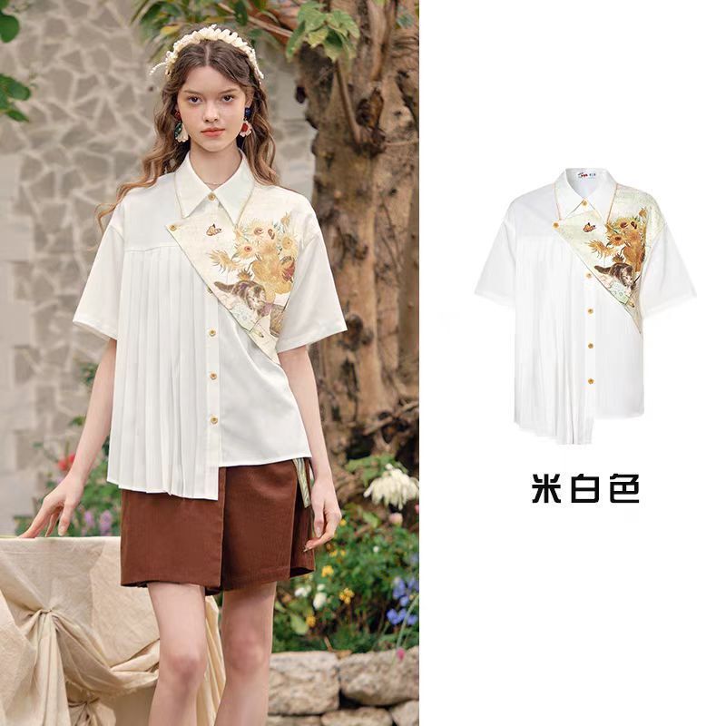 Van Gogh Style Two-Piece Shirt for Women, 2025 Summer New Design with Loose Fit, Printed Patchwork Shirt, Studio Morning Light