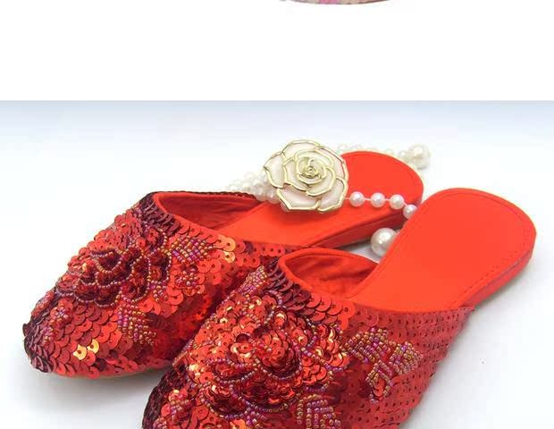 Dép thêu kiểu dân tộc retro, satin, vải sequin, dép lê, gân bò, nhà, dép cưới cao cấp, xuất khẩu sandal nữ đế thấp