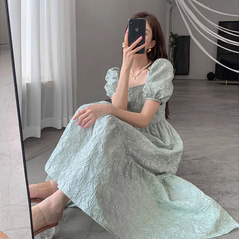 GROVE FOREVER Summer advanced dress, long skirt, square neckline, high-quality style, mid-length GROVE FOREVER Summer advanced dress, long skirt, square neckline, high-quality style, mid-length