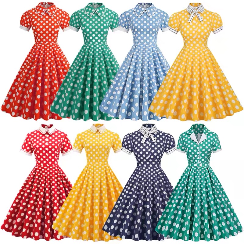 Vintage Classic Retro Movie Heroine Lapel Polka Dot Dress with a Sense of the Era, Bow Tie, Hong Kong Style Performance Costume