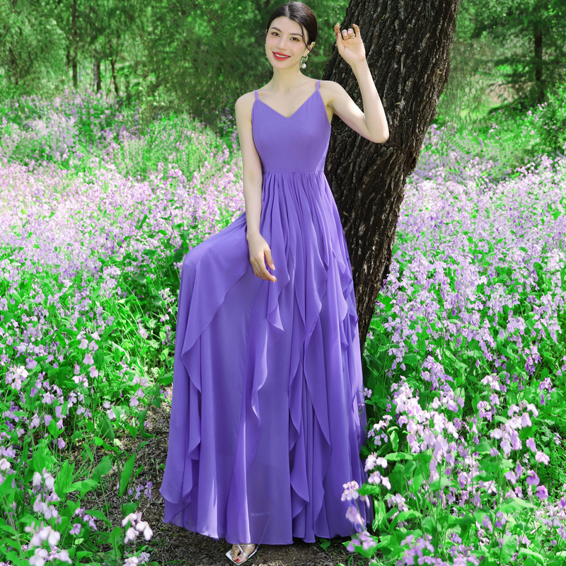 Beautiful and Elegant Retro Spaghetti Strap Ruffled Violet Holiday Long Dress Chiffon Flared Dress for Women Beautiful and Elegant Retro Spaghetti Strap Ruffled Violet Holiday Long Dress Chiffon Flared Dress for Women