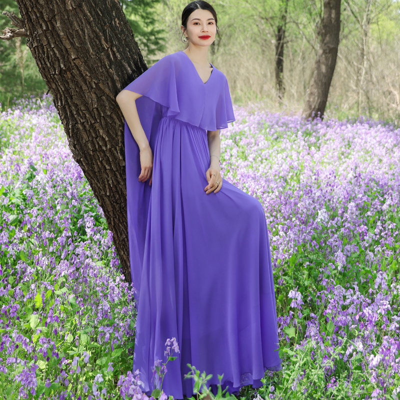 Retro V Neck Shawl Dress for Women, Beautiful and Beautiful for Traveling and Taking Photos, Beautiful Violet Large Hem Chiffon Long Skirt, Elegant Retro V Neck Shawl Dress for Women, Beautiful and Beautiful for Traveling and Taking Photos, Beautiful Violet Large Hem Chiffon Long Skirt, Elegant