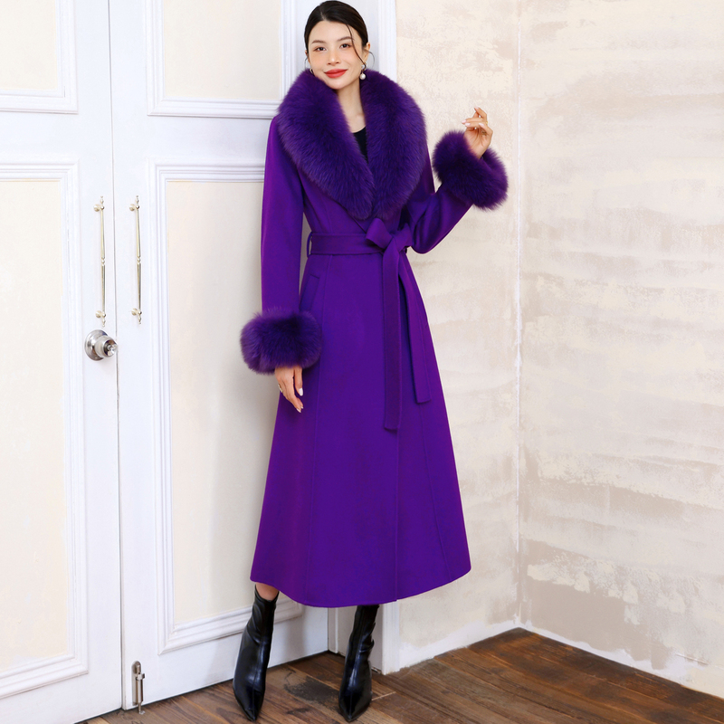 Retro Dark Purple Suit Collar Double-Sided Wool Outwear Slim Long Women's Woolen Outwear with Real Fur Fox Fur Collar
