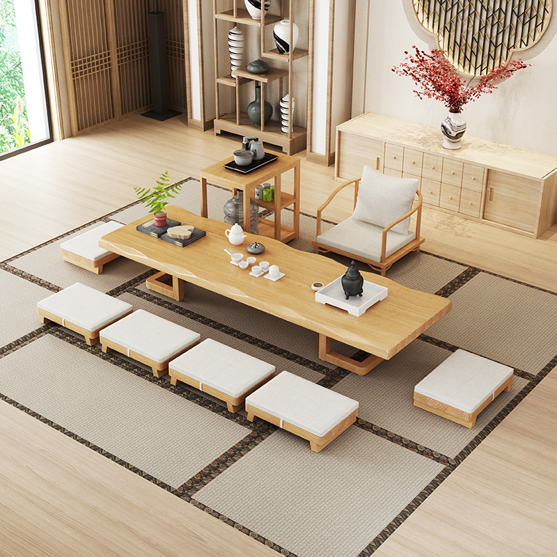 Sun-style tea table and chairs combined full solid wood tatami tea table short long bar table sitting at table terrace short table Zen