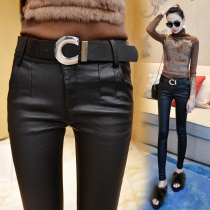 Sub-light frosted PU leather pants female plus suede thickened autumn winter 2021 new high waist display slim outside wearing small feet for underpants