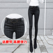 Plaid small-footed pencil pants woman autumn winter new high waist elastic force slim and gush outside wearing underpants lady long pants