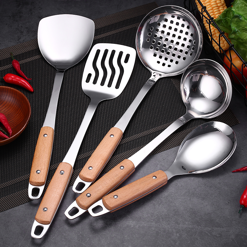 Pot shovel set cooking shovel household kitchen utensils frying spoon stainless steel spoon anti-scalding wooden handle non-stick frying spoon colander