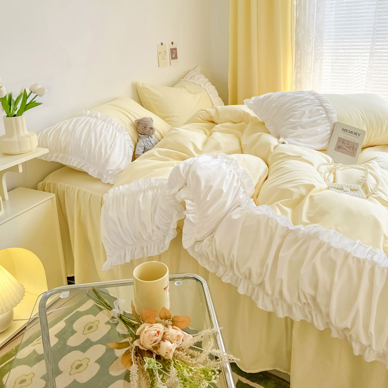Cream Puff 2022 Spring Summer Han version pure color Cloud soft cotton ins Wind Four sets Girl Hearts Quilt bed Skirt Milk Yellow