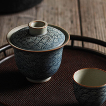 Duqing all handmade blue and white auspicious clouds cover Bowl Jingdezhen ceramic open film retro three talent tea kung fu tea set bubble