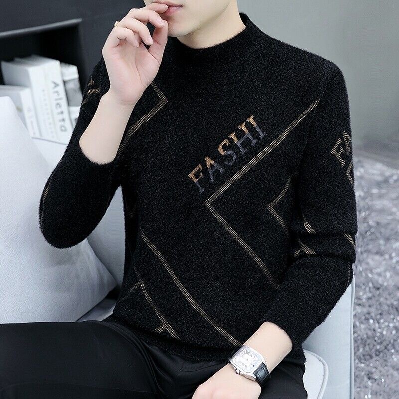 2025 Autumn and Winter Casual Men's Sweater Knitwear Plaid Print Long Sleeve Student Crew Neck Sweatshirt Imitation Wool Sweater