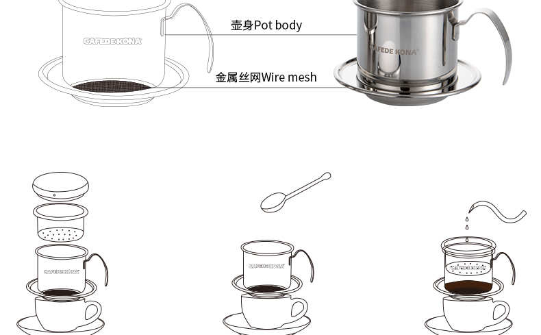 Nồi cà phê CAFEDE KONA Thép không gỉ nhỏ giọt gia đình rửa tay máy pha cà phê nồi nấu nồi nhỏ giọt phin cafe