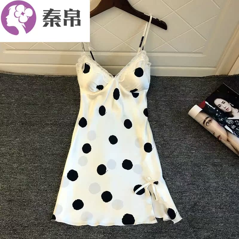 2019 New Sexy Pyjama Womens Summer Thin Ice ren Dây đeo ngực Pads Thu thập Sóng Dot Pajama Váy.