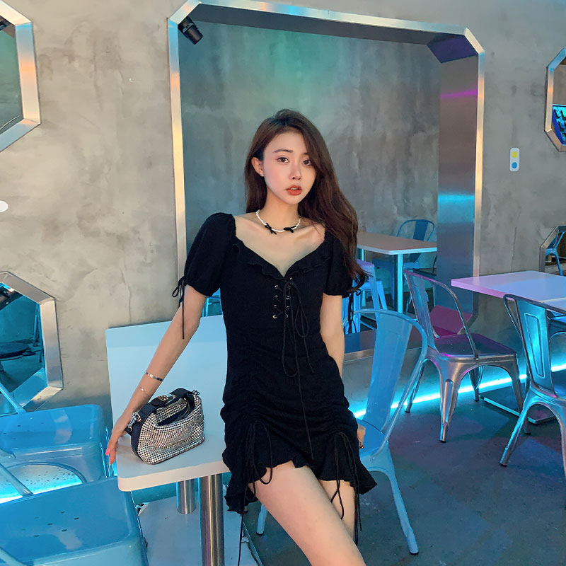 BlackMr. Zhang Big size Women's wear 2021 new pattern Sweet Fat sister mm Wear skirt Covering the abdomen black Dress summer
