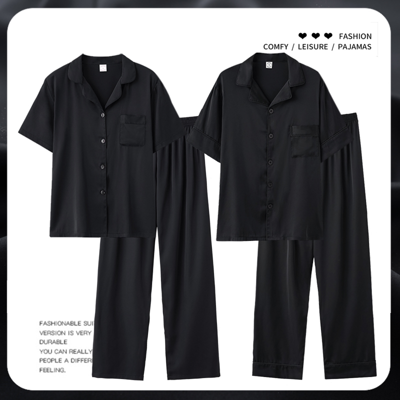 Zhitao Niao 2026 New Summer Ice Silk Black Unisex Pajamas, Imitation Silk Short-Sleeved Long Pants Couple Set