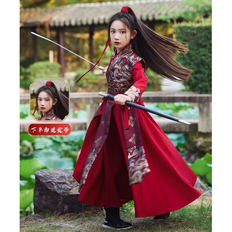 Girls' Hanfu Red Long-Sleeved Spring and Summer Outfit Mulan Children's Clothing Chinese Style Female Warrior Ancient Costume Performance Outfit Martial Arts