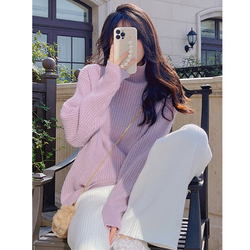 2025 New Korean Style High-Neck Purple Knitted Sweater for Women, Autumn and Winter Thickened Top, Gentle Style Outfit for Winter Wear