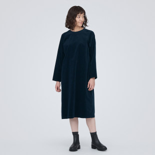 MUJI Women's Corduroy Round Neck Long Sleeve Dress Long Skirt Women's Autumn