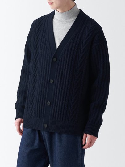 MUJI Men's Merino Wool Cable Pattern V-neck Cardigan Wool Knit Sweater