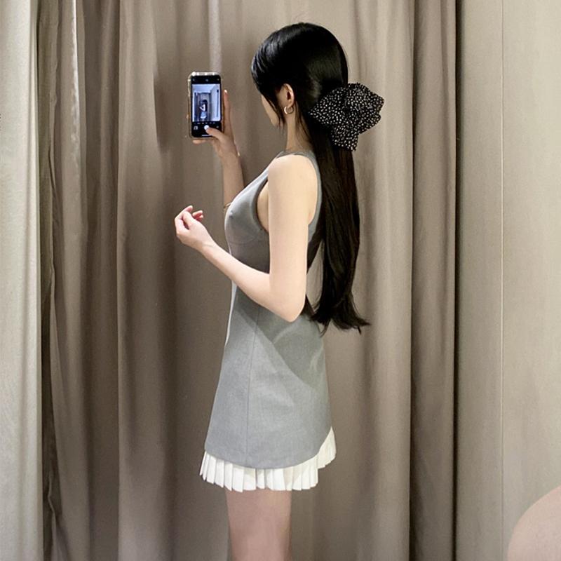 Spring New Women's Clothing, Elegant Poplin Splicing, Simple and Fashionable Sleeveless Boat Neck Short Dress 2305554