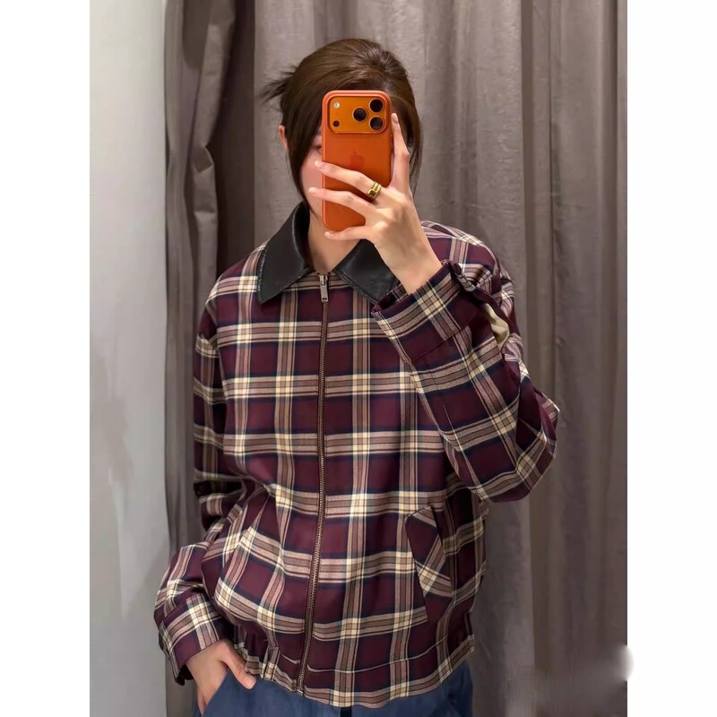 Za Store Exclusive 2025 Winter Women's Leather-Effect Plaid Bomber Jacket 9819671 605