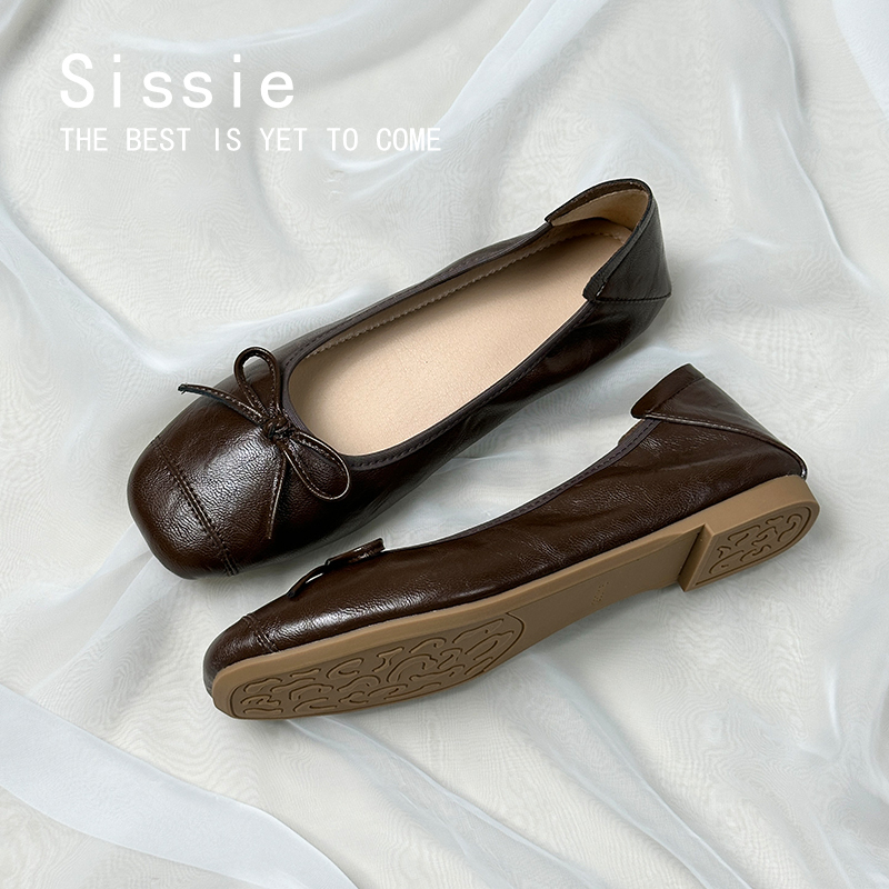 French-Style Soft Leather Comfortable Flat Ballet Shoes, Korean Version, Versatile, Gentle Bow, Ladylike, Artistic, Elastic Band Single Shoes