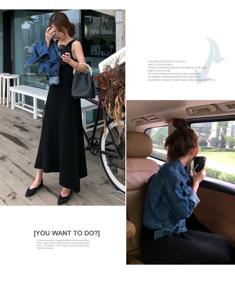 2018 phiên bản Hàn Quốc mới của cổ chữ V màu đen giảm béo dài không tay đan áo yếm đầm maxi hoa nhí