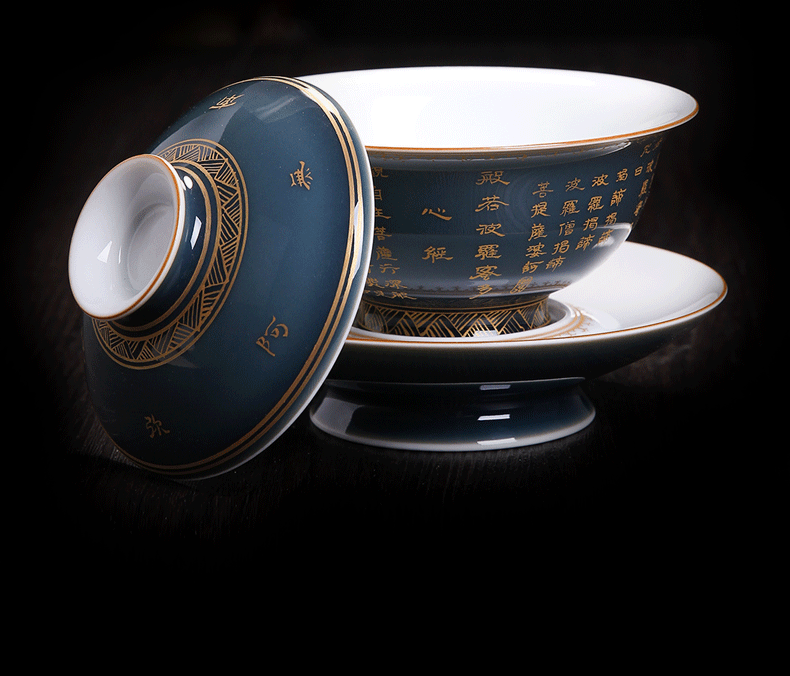 Bo wind jingdezhen tea set three tureen authentic maintain a single kung fu tea cup blue heart sutra cups