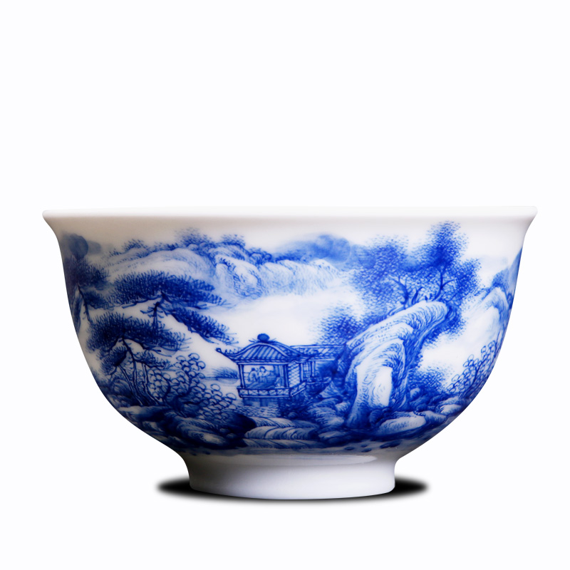 His affection new one Wang Chenfeng teacups hand - made ceramic pressure hand cupped jingdezhen blue and white landscape master cup sample tea cup