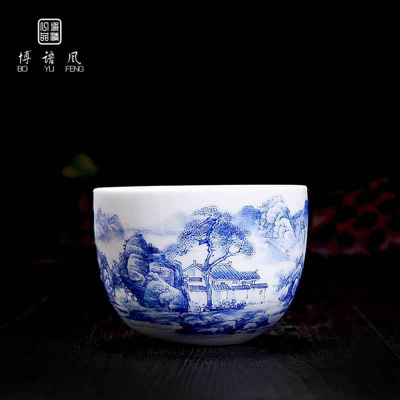 His mood and product Wang Chenfeng ceramic cups ocean 's jingdezhen blue and white landscape hand - made master cup cup small sample tea cup