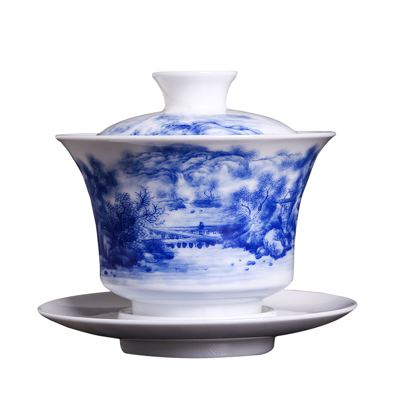 His mood yipin Wang Chenfeng jingdezhen blue and white tureen manual pure hand - made ceramic tea set kung fu tea set. A single