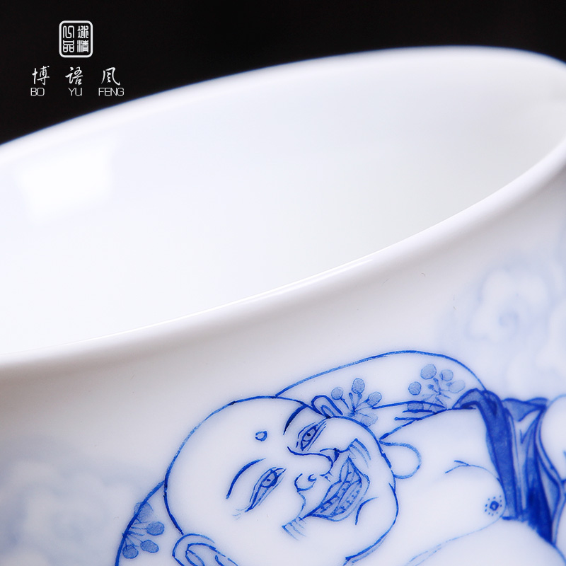 Above jade [naijing] jingdezhen ceramic pressure hand cup hand - made of blue and white porcelain Buddha master cup cup home collection