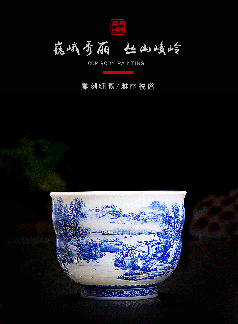 His mood and product Wang Chenfeng jingdezhen blue and white landscape master cup hand - made ceramic sample tea cup single CPU kung fu tea cups