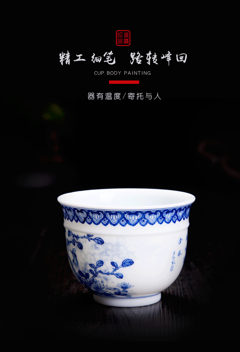 His mood yipin Wang Chenfeng jingdezhen blue and white porcelain cups hand - made flowers and birds sample tea cup high - grade ceramic masters cup