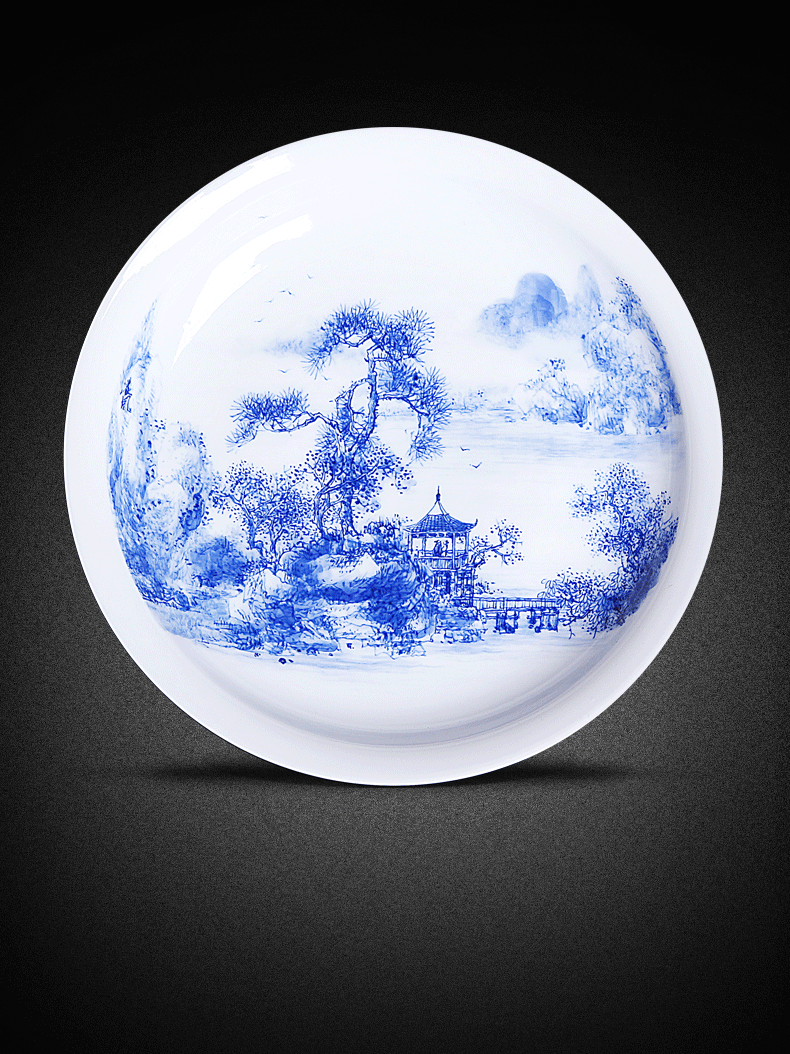 His affection new one product Wang Chenfeng jingdezhen blue and white landscape ceramic plate hand - made heavy fruit tray tables porch decoration