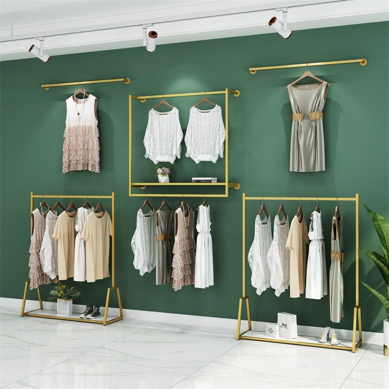 Thickened gold does not fall off the paint on the wall clothing display frame Wrought iron men and women hanging hanger display Nakajima combination floor frame