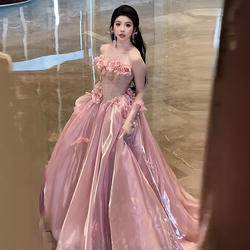 Fairy-Style Strapless Pink Dress for Engagement, Bride, Three-Dimensional Flowers, Super Fairy-Like Graduation Ceremony, Dinner Party Host Dress