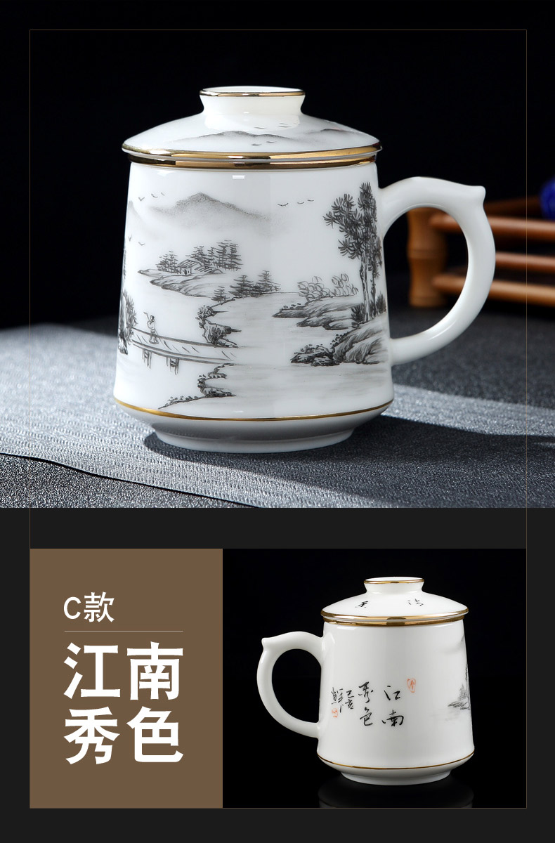 Jingdezhen ceramic suet jade white porcelain paint office cup with handle with separate the men) tea cups