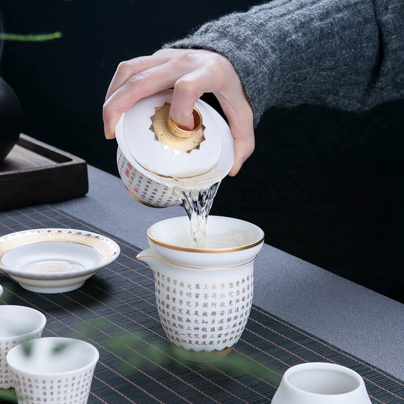 Jingdezhen zen heart sutra kung fu tea set suit household suet jade white porcelain paint tureen tea machine sample tea cup