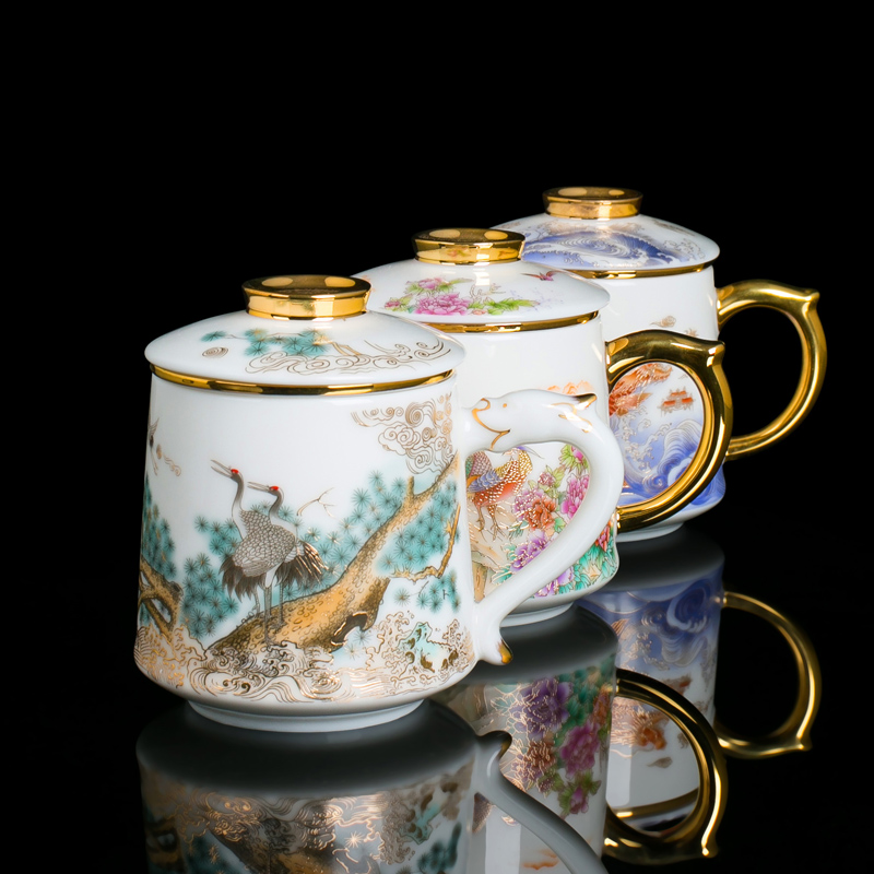 Red the jingdezhen ceramic fuels the suet jade white porcelain office make tea cup with the belt handles filtered water separation