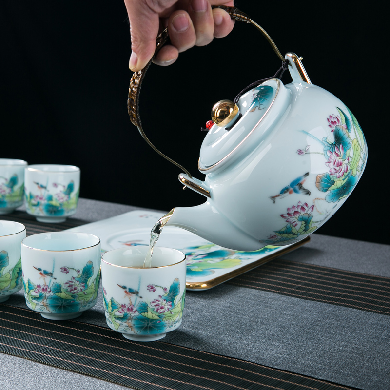 Jingdezhen kung fu tea set home sitting room retro large ceramic cups tea tray girder teapot