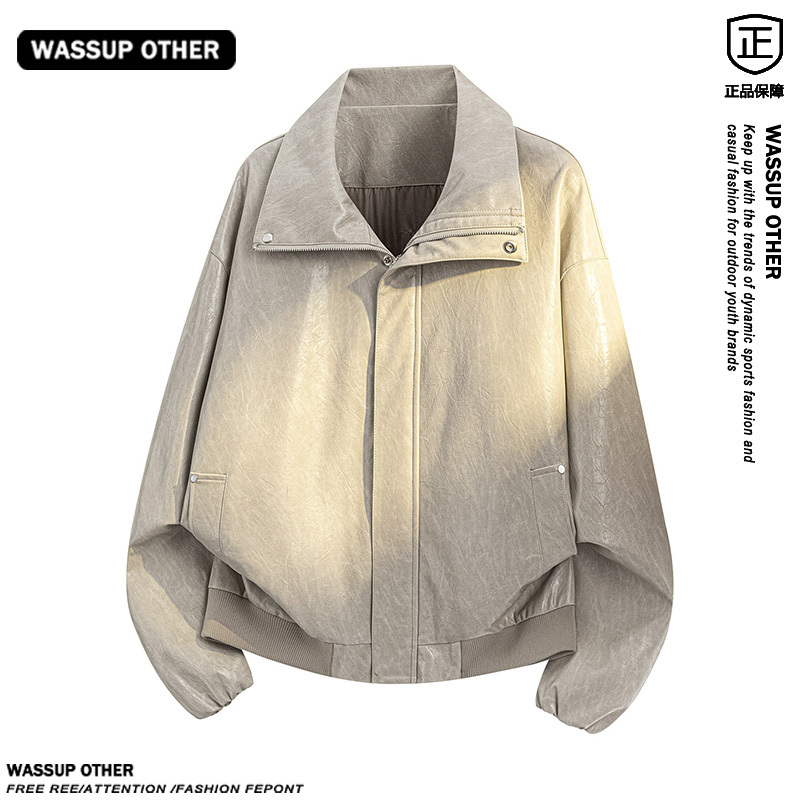 Wassup Other American-Style Crocodile Pattern Pu Leather Jacket for Men, New Spring and Autumn Trendy Brand, Cool Biker Leather Coat
